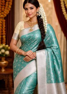 Elegant Teal Saree with Silver Floral Motifs