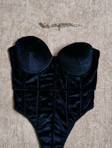 Black Velvet Feather Trim Bodysuit