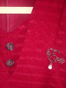 Deep Maroon A-Line Party Dress with Brooch Detail