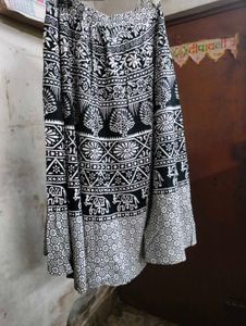 Red Kurta With Black &amp; White Printskirt.