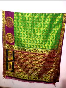 NEW Vibrant Green pattu Saree with Peacock Border