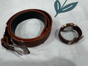 Stylish Brown Leather Belt &amp; Watch Set