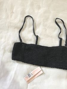 Black Textured Smocked Bikini Top