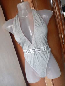 Grey Plunging Neck Bodysuit