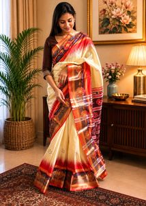 🤍 Women's Bhagalpuri Silk Beige Printed Saree