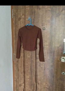 Brown Tie-Front Long Sleeve Crop Top