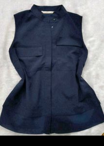 Sleeveless Navy Blue Button-Up Top