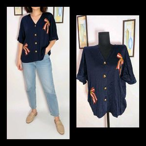 Navy Blouse with Ribbon Detail