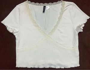 White Lace Trim Ribbed Cropped Top