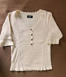 Cream Ribbed V-Neck Top