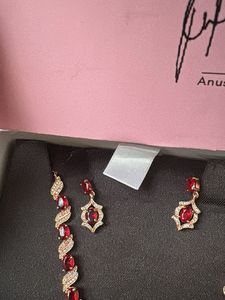 GIVA 925 Silver Rose Gold Ruby Necklace Earing Set