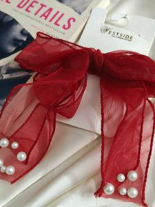 Red Organza Pearl Hair Bow