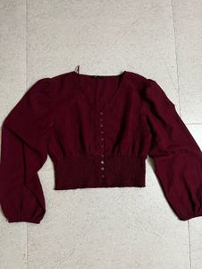 Maroon Button-Up Smocked Crop Top