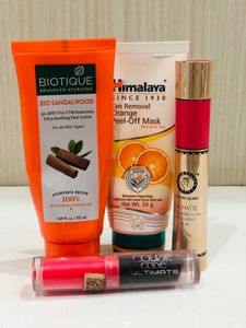 Pack Of 4 ……..biotique Sunscreen ,Himalaya Peel Off Mask ,colour Queen 2in 1 Long Lasting Matte Lipstick, Colour Code Lipstick