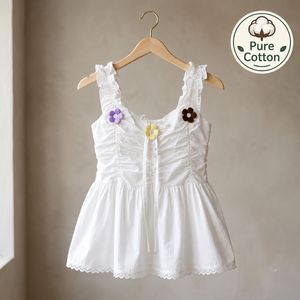 Cute White Cotton Top with Flower Embellishments