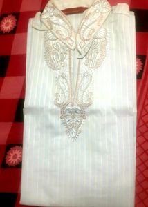 Light Sea Green Color Men's Cotton Kurta With Embroidery On Collar and Neck