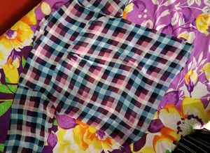 Sheer Plaid Button-Down Top