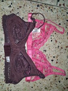 Lace Trimmed Pink Bra and Brown