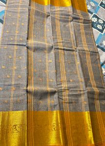 Grey Cotton Tant Saree with Golden Border