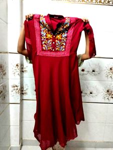 Maroon Embroidered long frock kurta Kurt