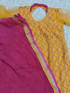 Yellow Embroidered Kurta with Dupatta