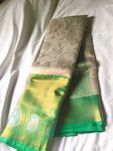 white and green Brocade rich silk saree