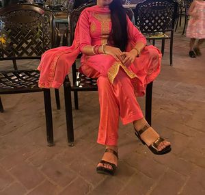 Elegant Pink Kurti Set with Gold Embroidery