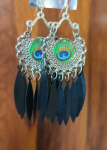 Peacock feather oxidised earrings and shell cowrie