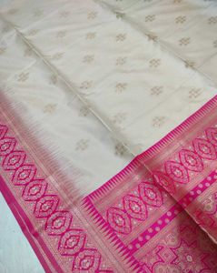 New Off white &amp; Pink Pure Banarasi Silk Saree