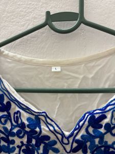 White Kurta with Blue Embroidery