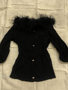 Black detachable fur Trim Button-Up knit top