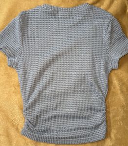 Blue Waffle Knit Ruched T-Shirt