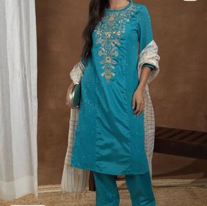 Embroidered Teal Kurta Set with Dupatta