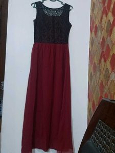 Maroon Coloured Maxi Dress With Black Lace Work