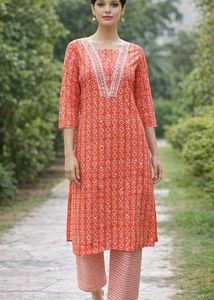 M, L, XL size Orange Printed Kurta set