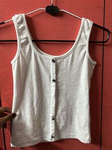 White Ribbed Sleeveless Top | Button Front Tank |