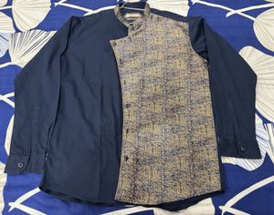 Men's Kurta - Navy Blue with Patterned Panel