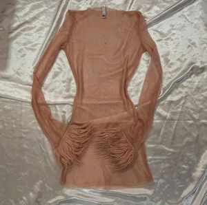 Sheer Mesh Mini Dress with Faux Fur Cuffs