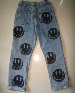Smiley Face Print Denim Jeans