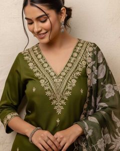 mehendi green silk blend embroidered suit set with