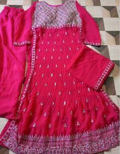 Free Delivery Elegant Pink Embroidered Anarkali Ku