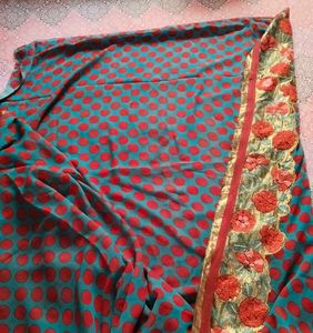 Beautiful Teal Saree with Red Polka Dots
