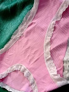 Cute Pink Ribbed Cotton Briefs with Lace Trim