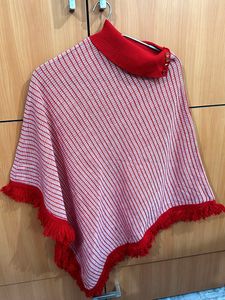 RED WOOLEN PONCHO WITH BUTTON NO FLAWS FRESH PEICE