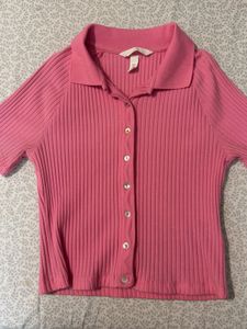 Pink Ribbed Collared Button-Up Top