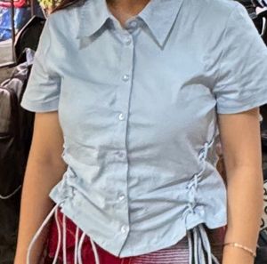 Chic Blue Cinched Waist Shirt