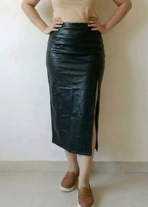 Zara Small Black Faux Leather Slit Long Skirt