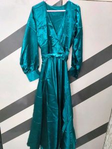Elegant Teal Satin Wrap Dress