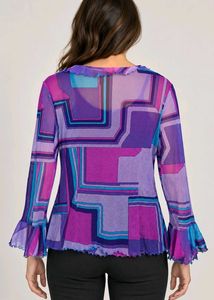 Vibrant Geometric Print Ruffle Blouse with inner