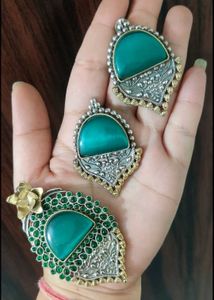 Brass Teal &amp; Silver Necklace &amp; earring Set